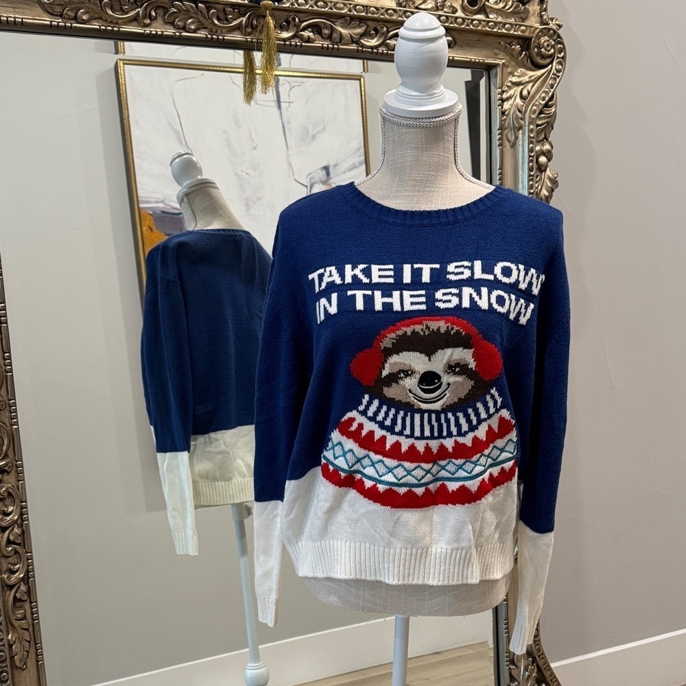 H&M Navy and White Sweater with sloth Motif - Picture 2 of 5